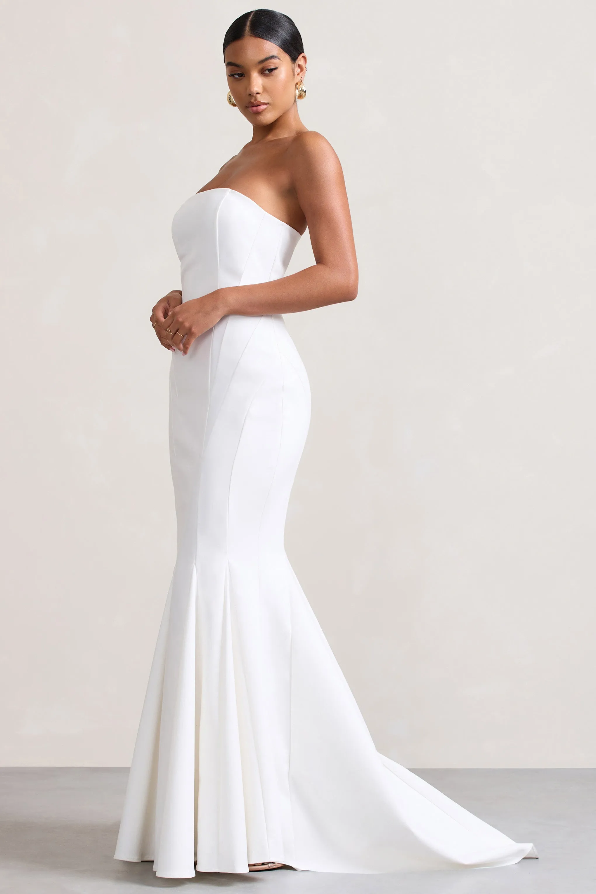 Adored | White Strapless Structured Fishtail Maxi Dress