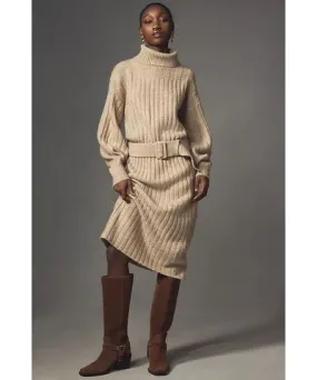 Anthropologie Long-Sleeve Turtleneck Belted Sweater Midi Dress