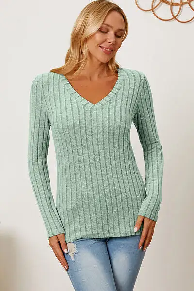 Basic Bae Full Size Ribbed V-Neck Long Sleeve T-Shirt