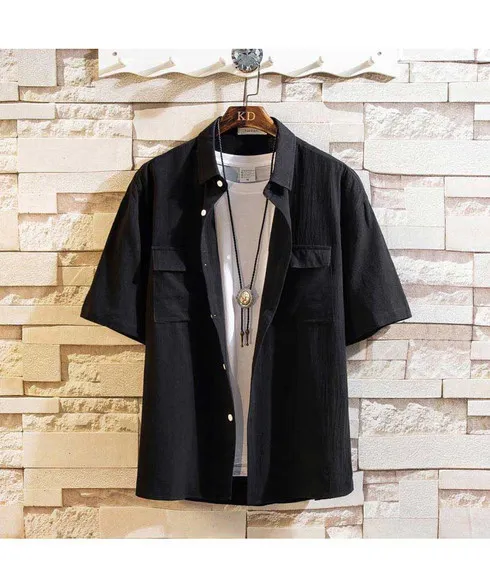 Black double chest pocket short sleeve button shirt