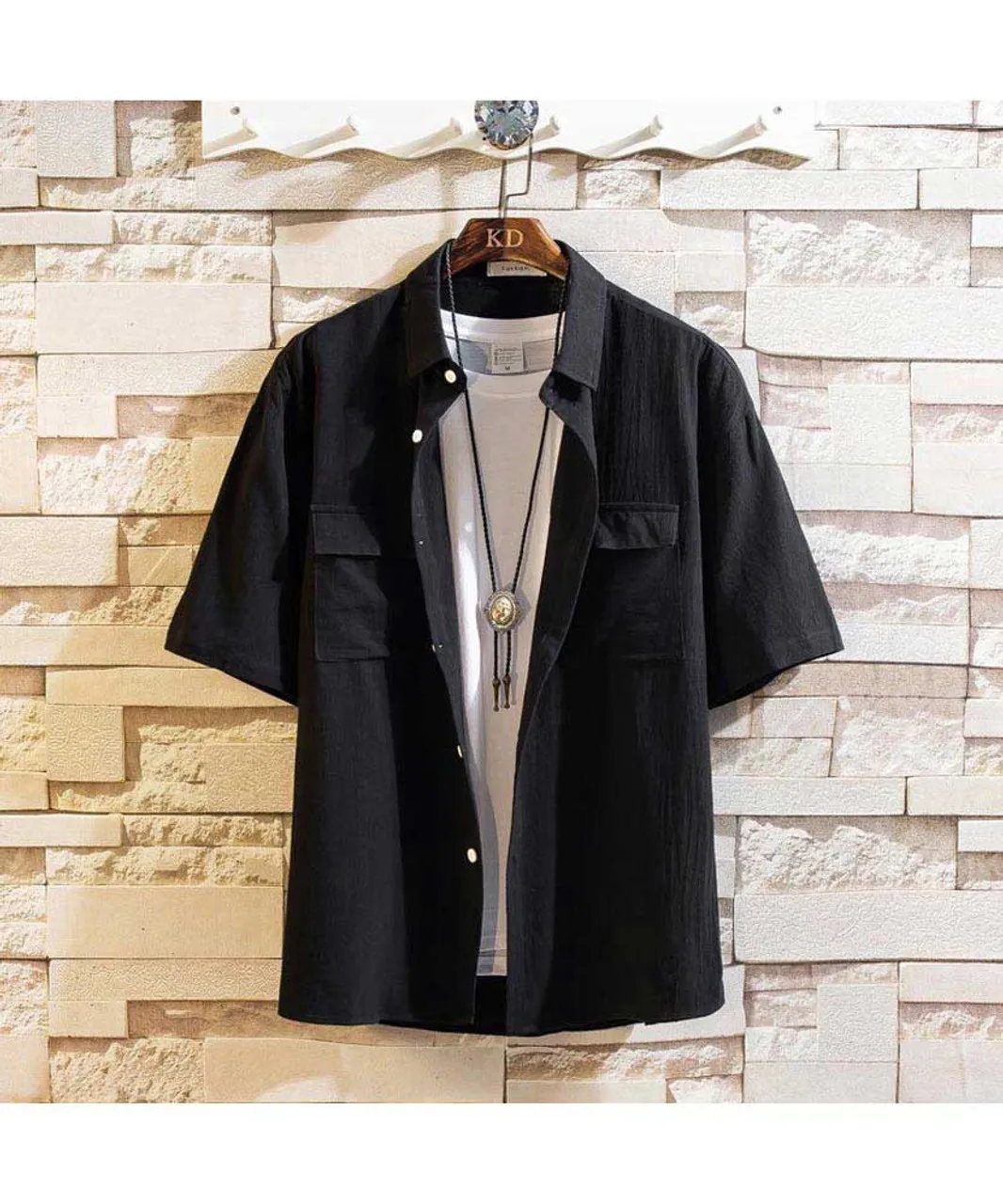 Black double chest pocket short sleeve button shirt