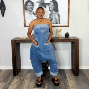 'Bleu' Denim Patchwork Bandeau Jumpsuit