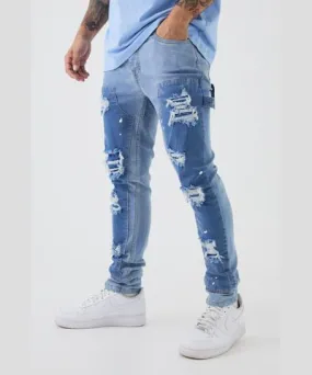 boohoo Mens Skinny Stretch Stacked Carpenter Rip & Repair Denim Jeans