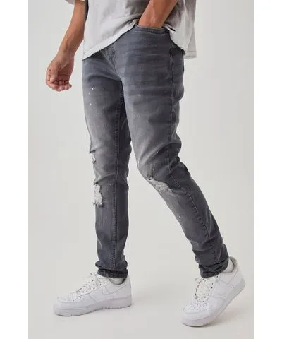 boohoo Mens Skinny Stretch Stacked Distressed Paint Splatter Denim Jeans