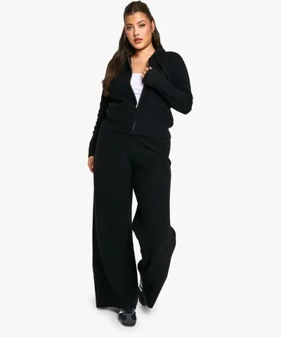 boohoo Womens Plus Soft Knit Long Sleeve Hoody And Wide Leg Trouser Co-Ord