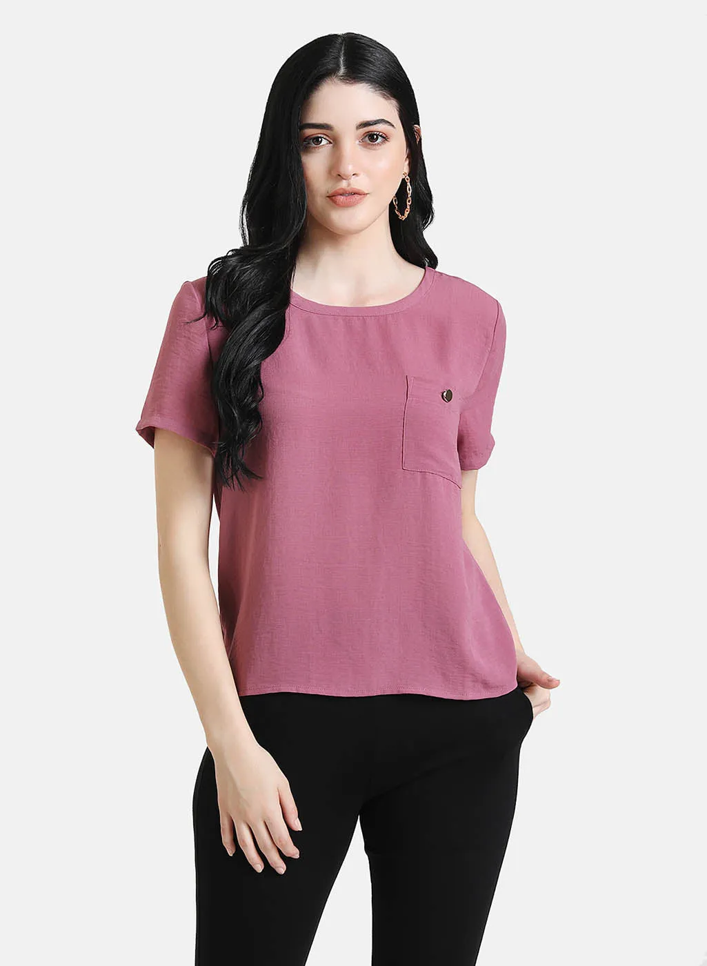 Boxy Top With Button Detail At Pocket