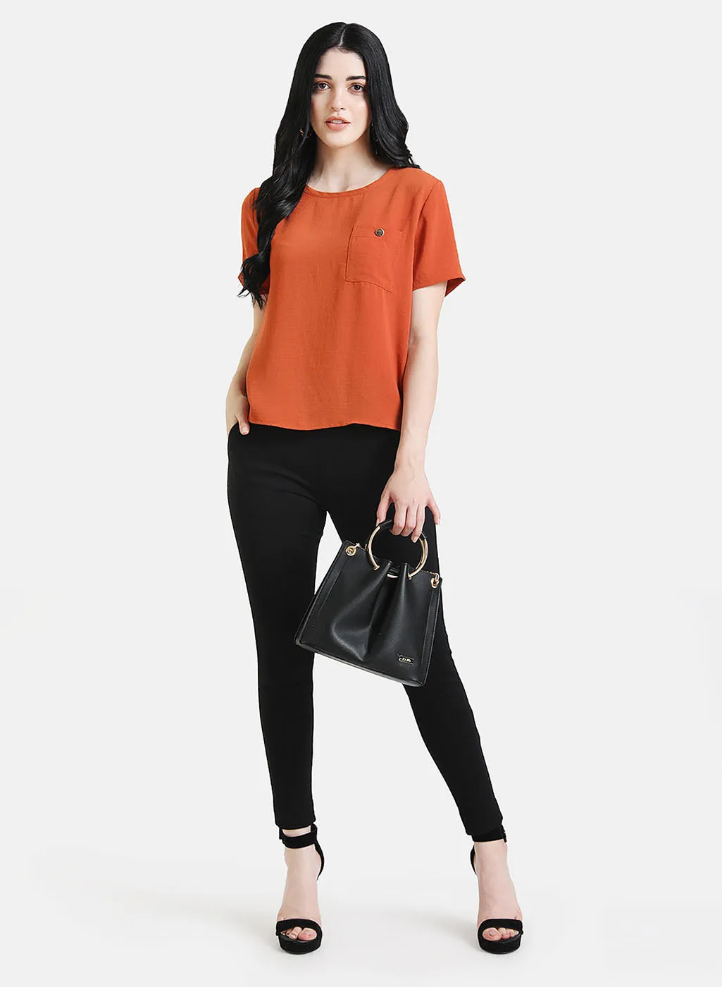 Boxy Top With Button Detail On Pocket