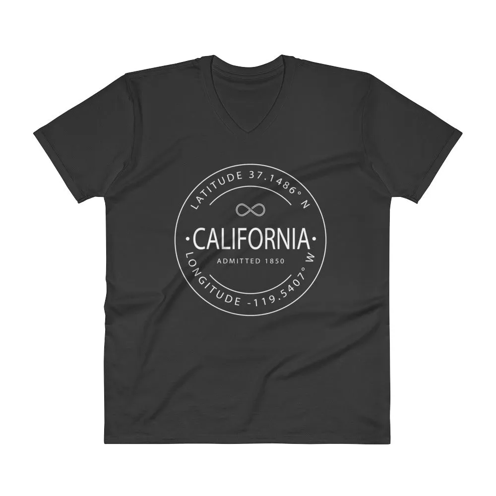 California - V-Neck T-Shirt - Latitude & Longitude