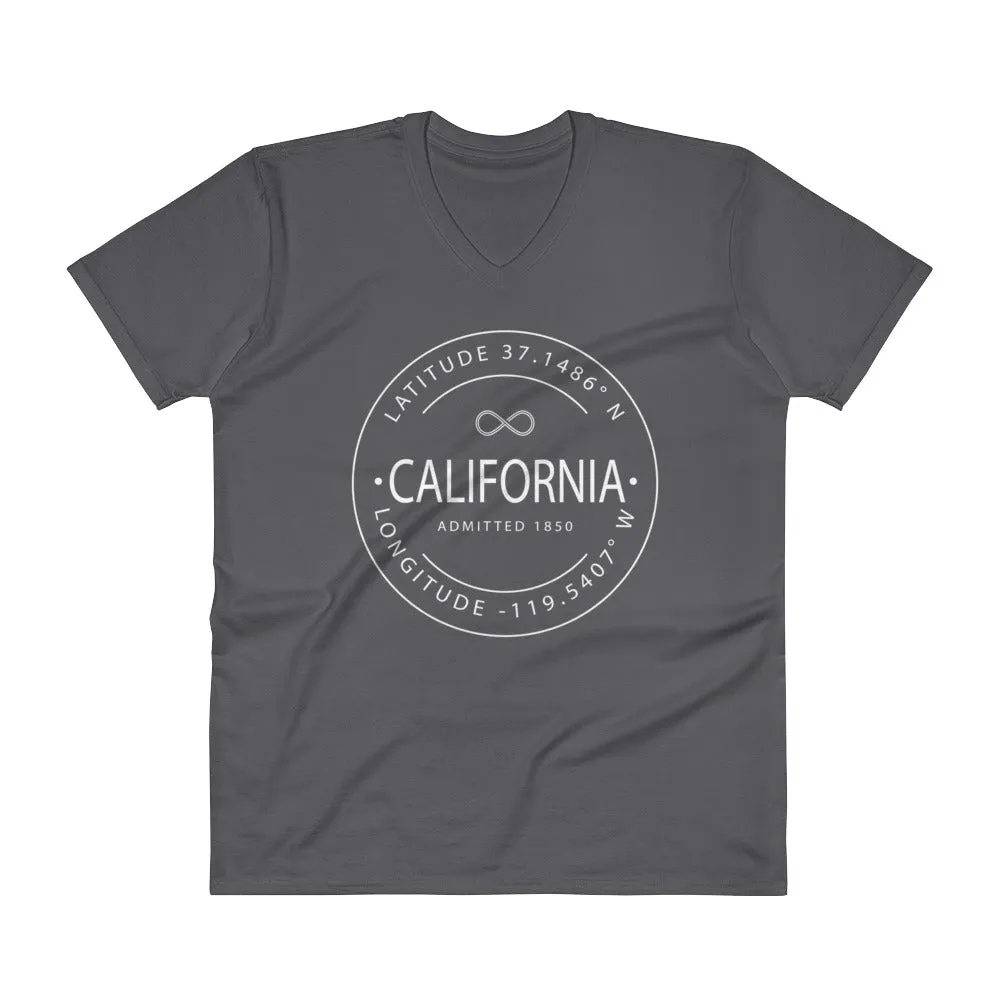 California - V-Neck T-Shirt - Latitude & Longitude