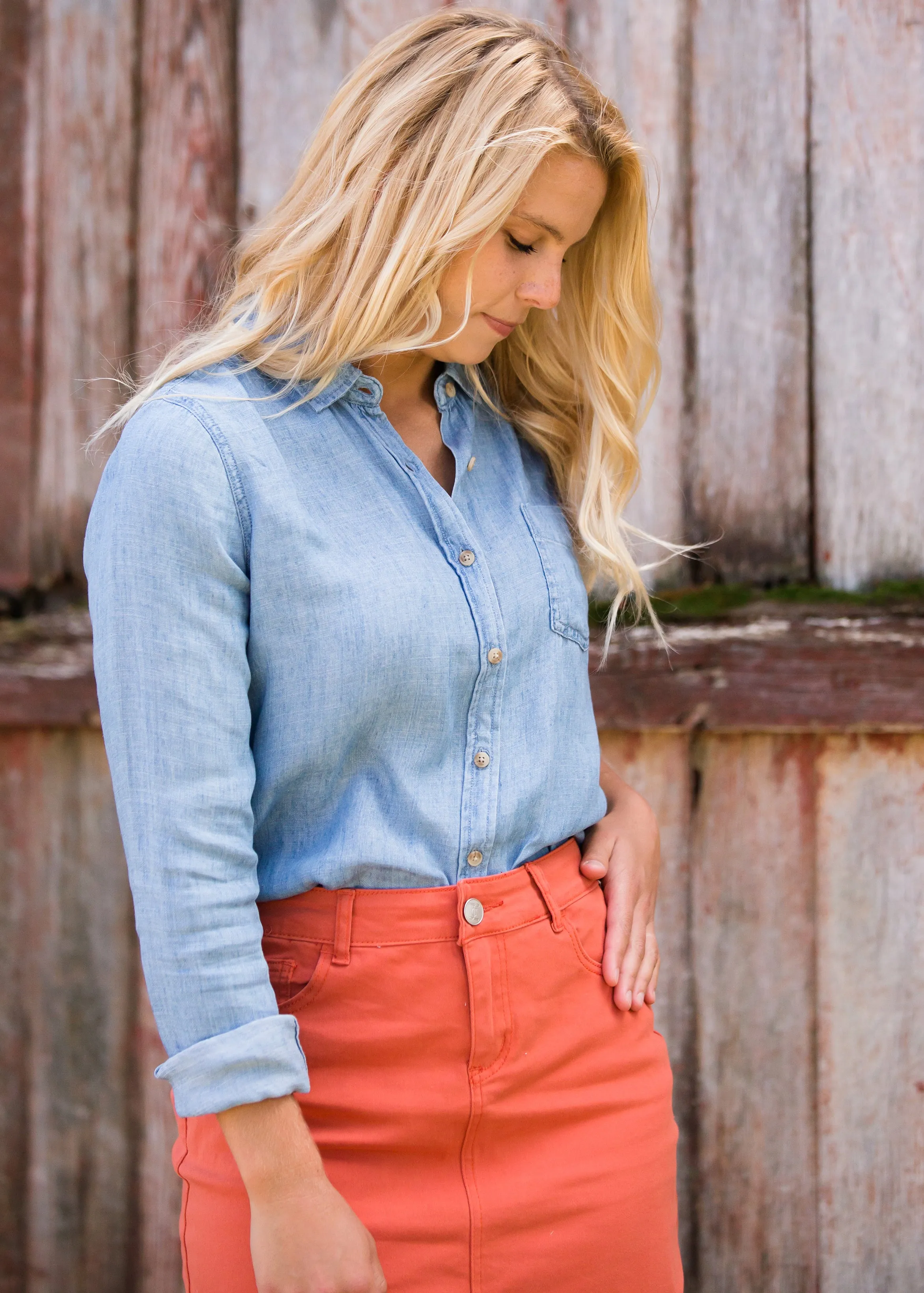 Chambray Button Up Pocket Top - FINAL SALE