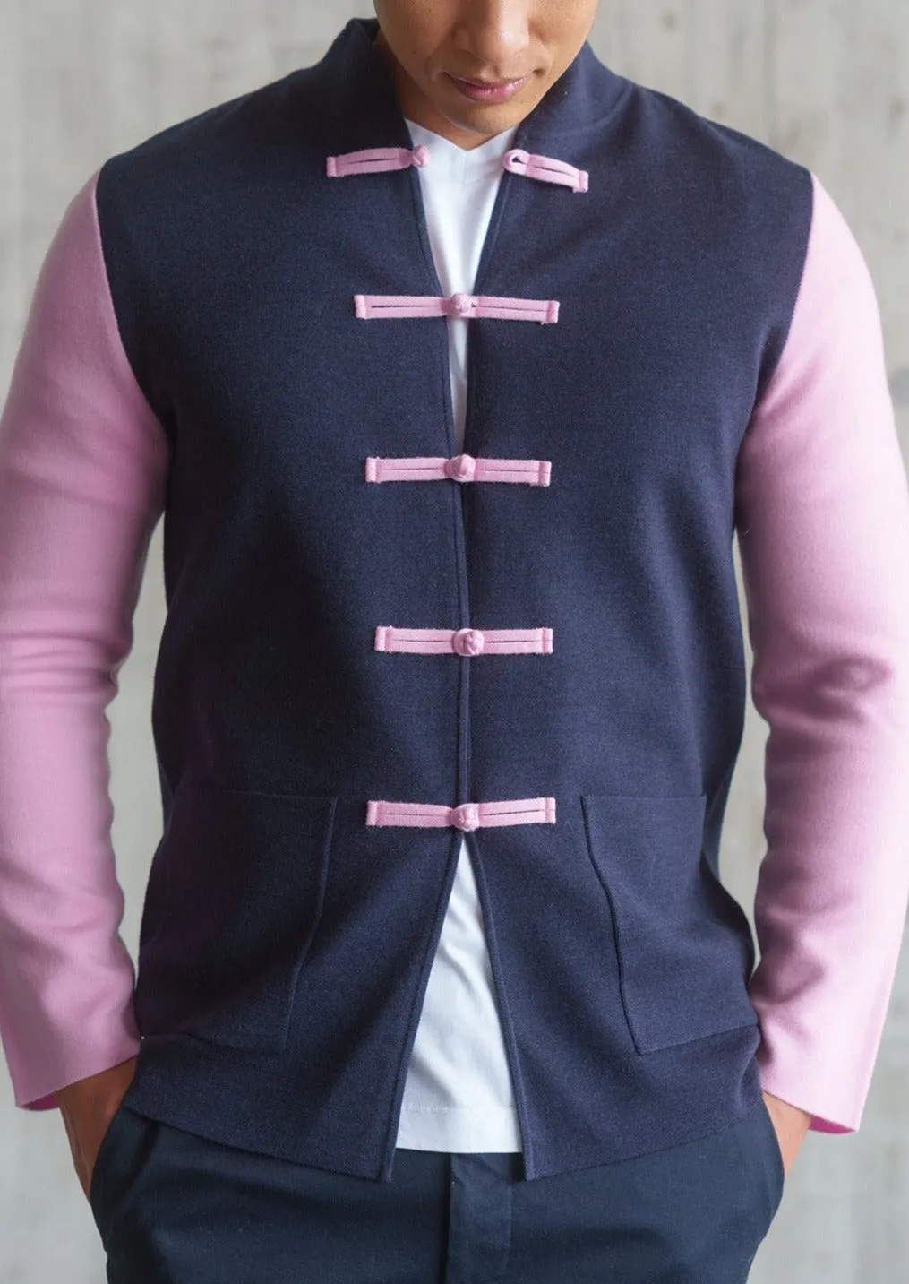 Color-Block Knit Tang Jacket (Dark Blue/ Pink)