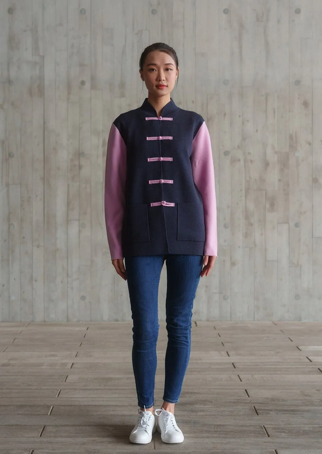 Color-Block Knit Tang Jacket (Dark Blue/ Pink)