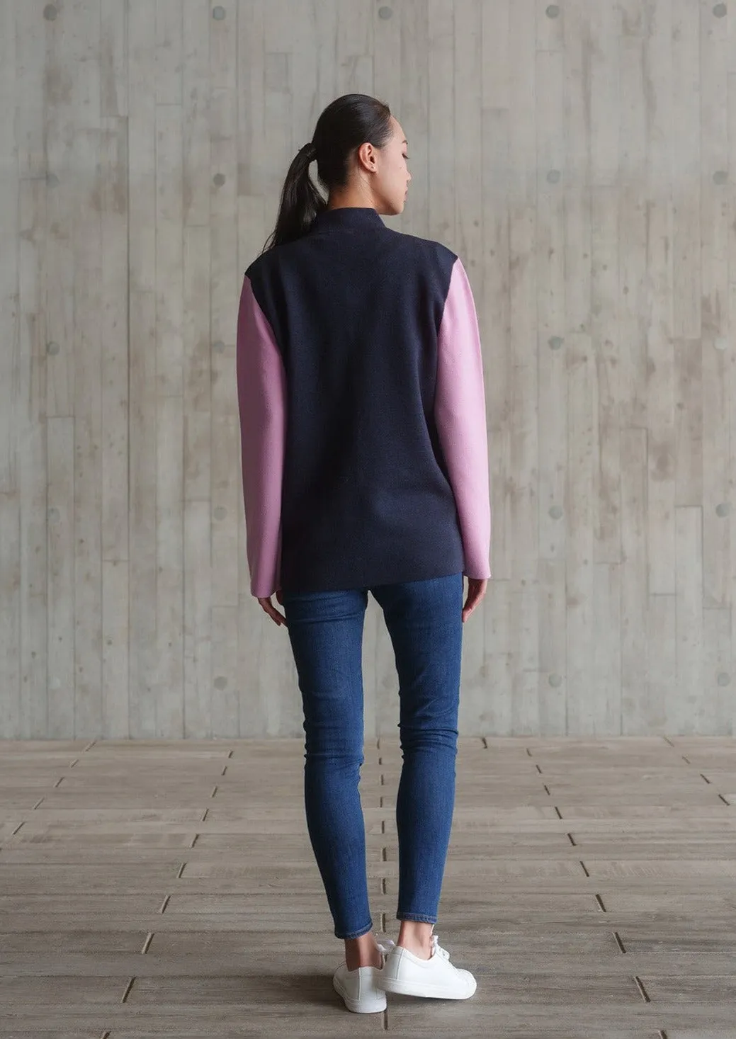 Color-Block Knit Tang Jacket (Dark Blue/ Pink)