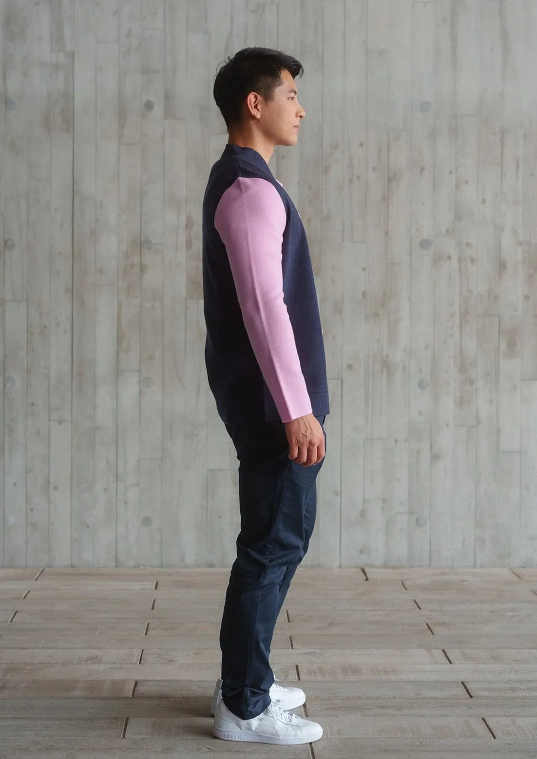 Color-Block Knit Tang Jacket (Dark Blue/ Pink)