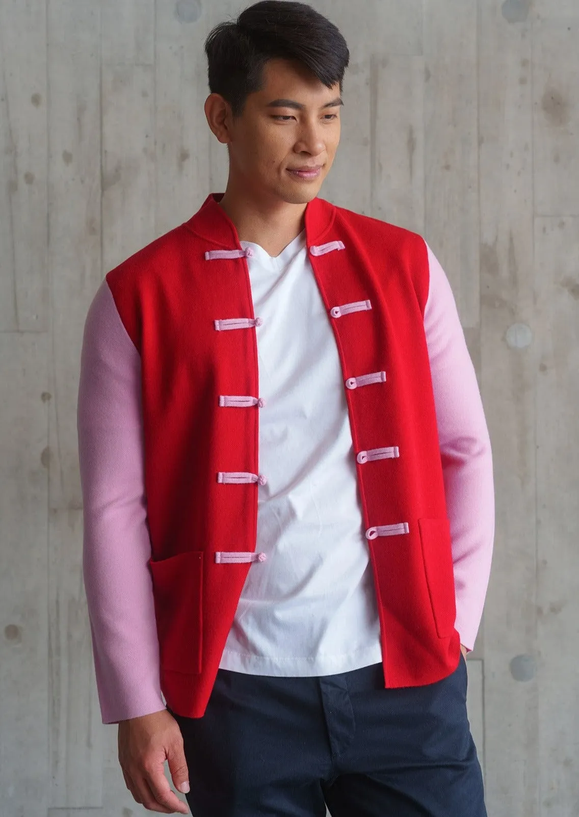 Color-Block Knit Tang Jacket (Red/ Pink)