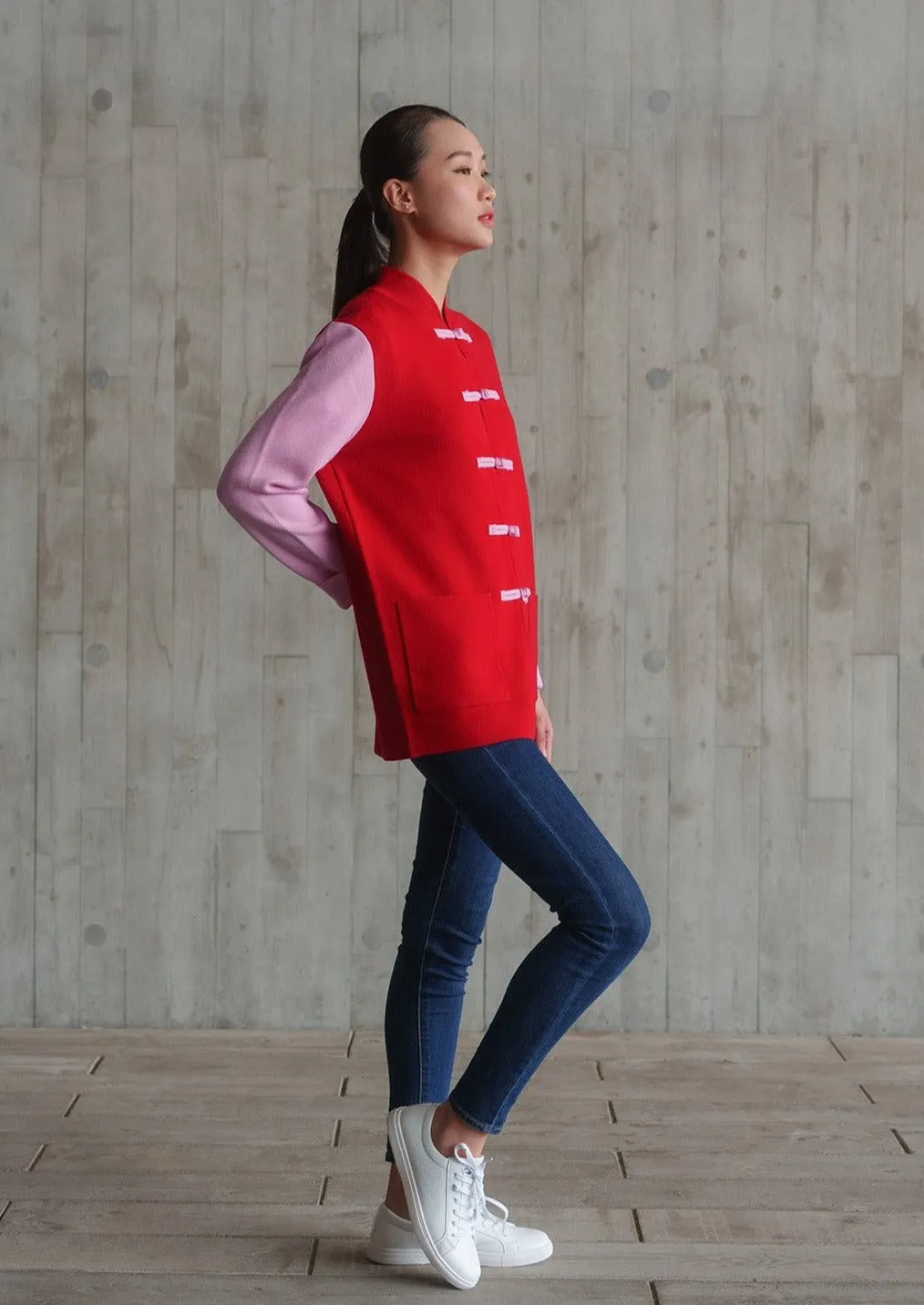 Color-Block Knit Tang Jacket (Red/ Pink)