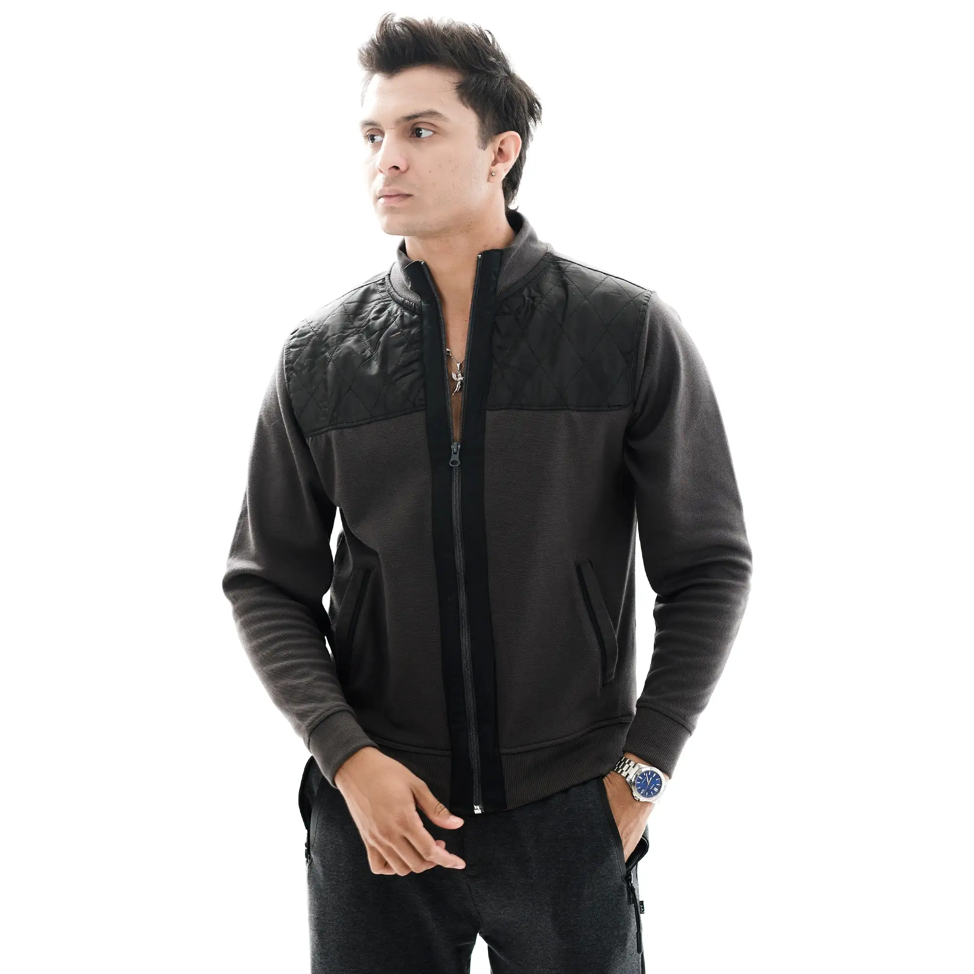 Contrast Quilted Jacket-Charcoal