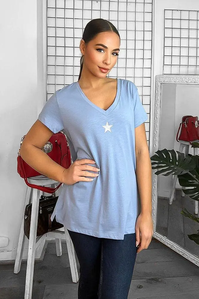 Cotton Blend V-Neck Star Embellishment T-Shirt