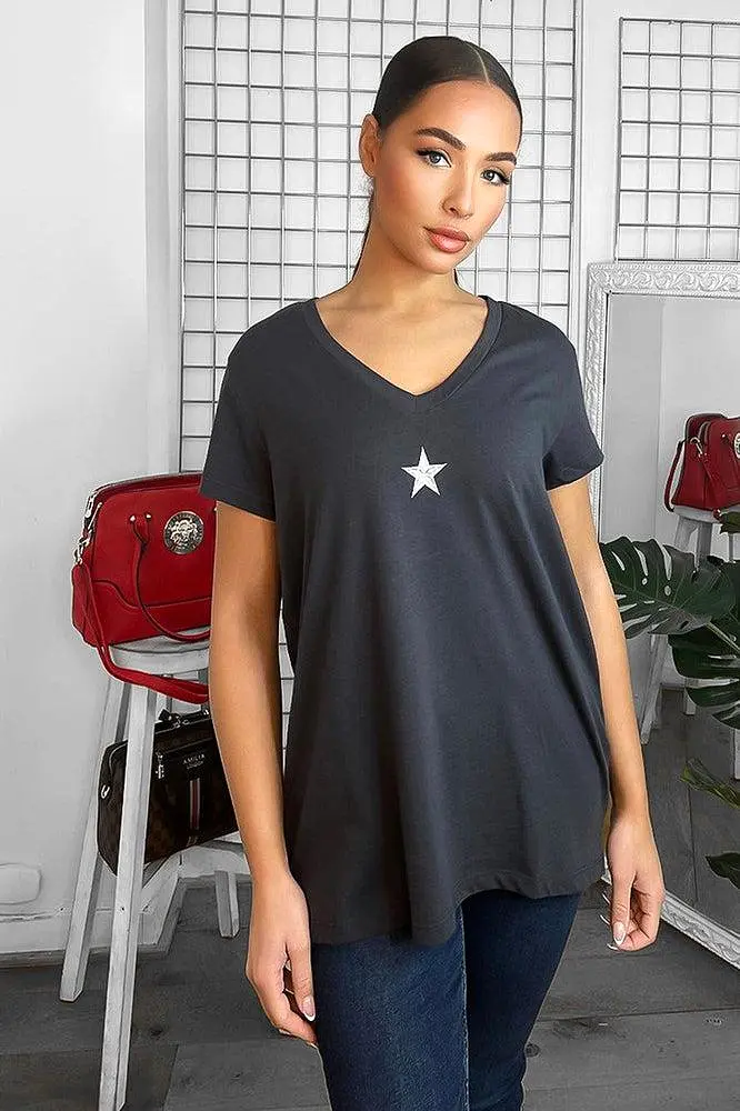 Cotton Blend V-Neck Star Embellishment T-Shirt