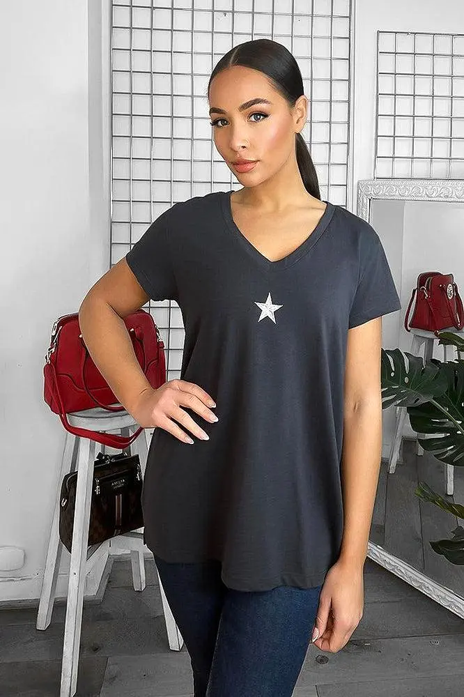 Cotton Blend V-Neck Star Embellishment T-Shirt