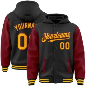 Custom Black Gold-Crimson Bomber Full-Snap Varsity Letterman Two Tone Hoodie Jacket