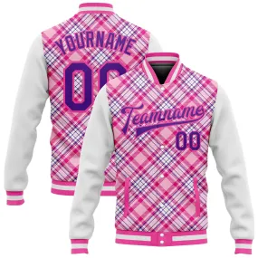 Custom Light Pink Purple-Pink Check Board 3D Pattern Design Bomber Full-Snap Varsity Letterman Jacket