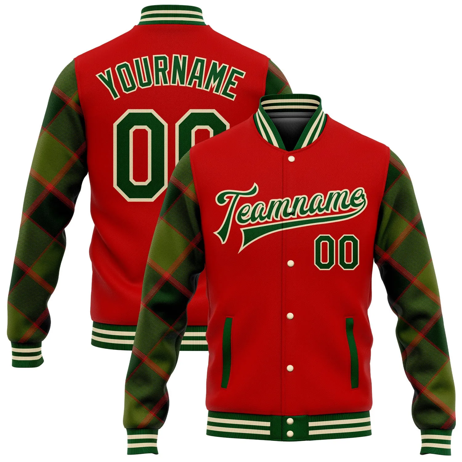 Custom Red Green-Cream Check Board 3D Pattern Design Bomber Full-Snap Varsity Letterman Jacket