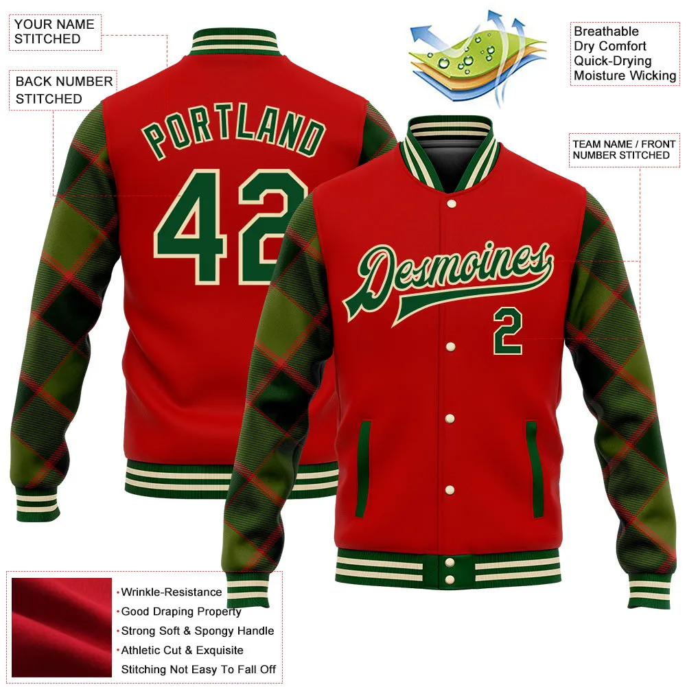 Custom Red Green-Cream Check Board 3D Pattern Design Bomber Full-Snap Varsity Letterman Jacket