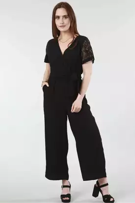 Double Second Black Lace Wrap Wide Leg Jumpsuit