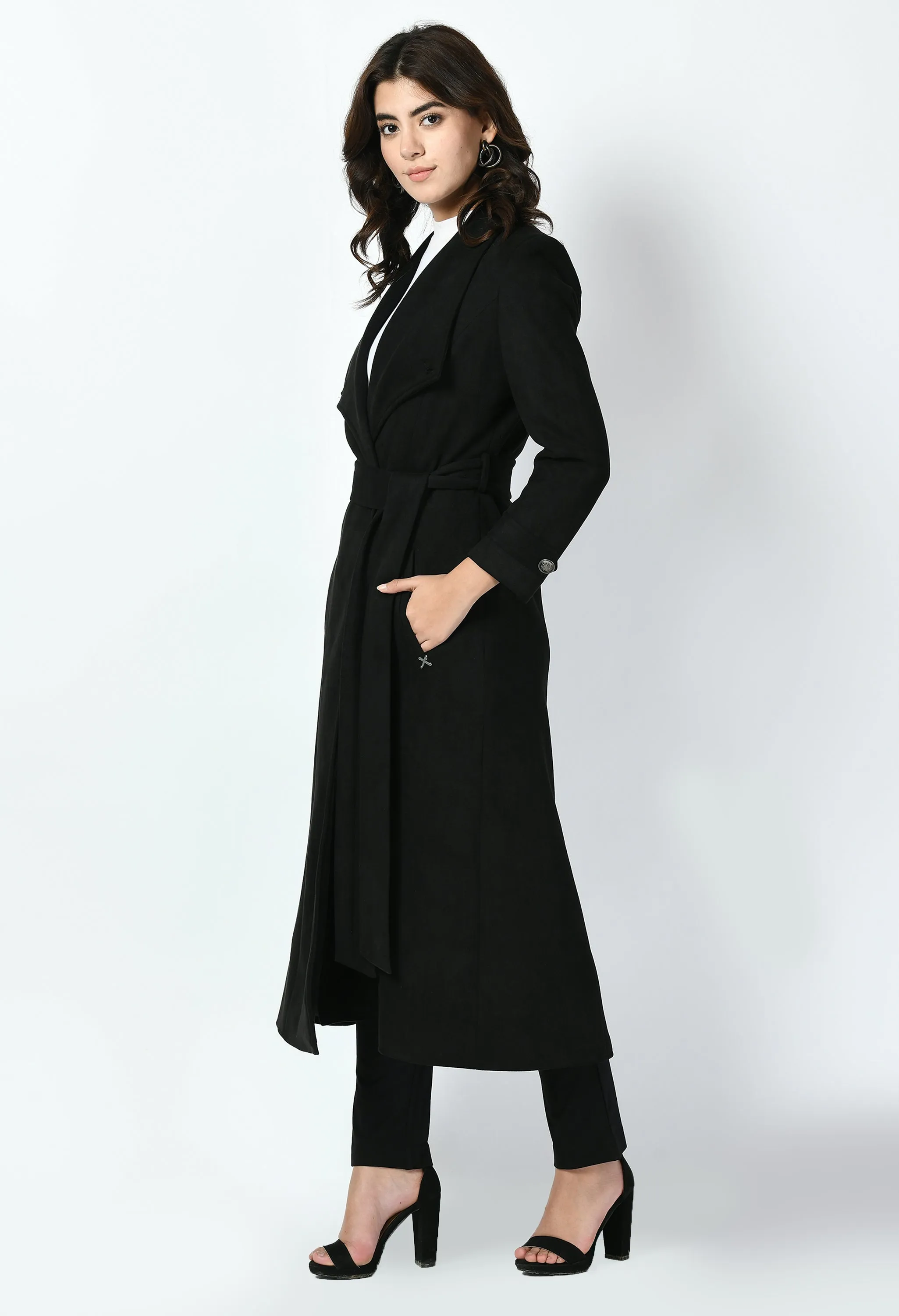 Exude Dedication Suede Leather Long Wrap Coat (Black)