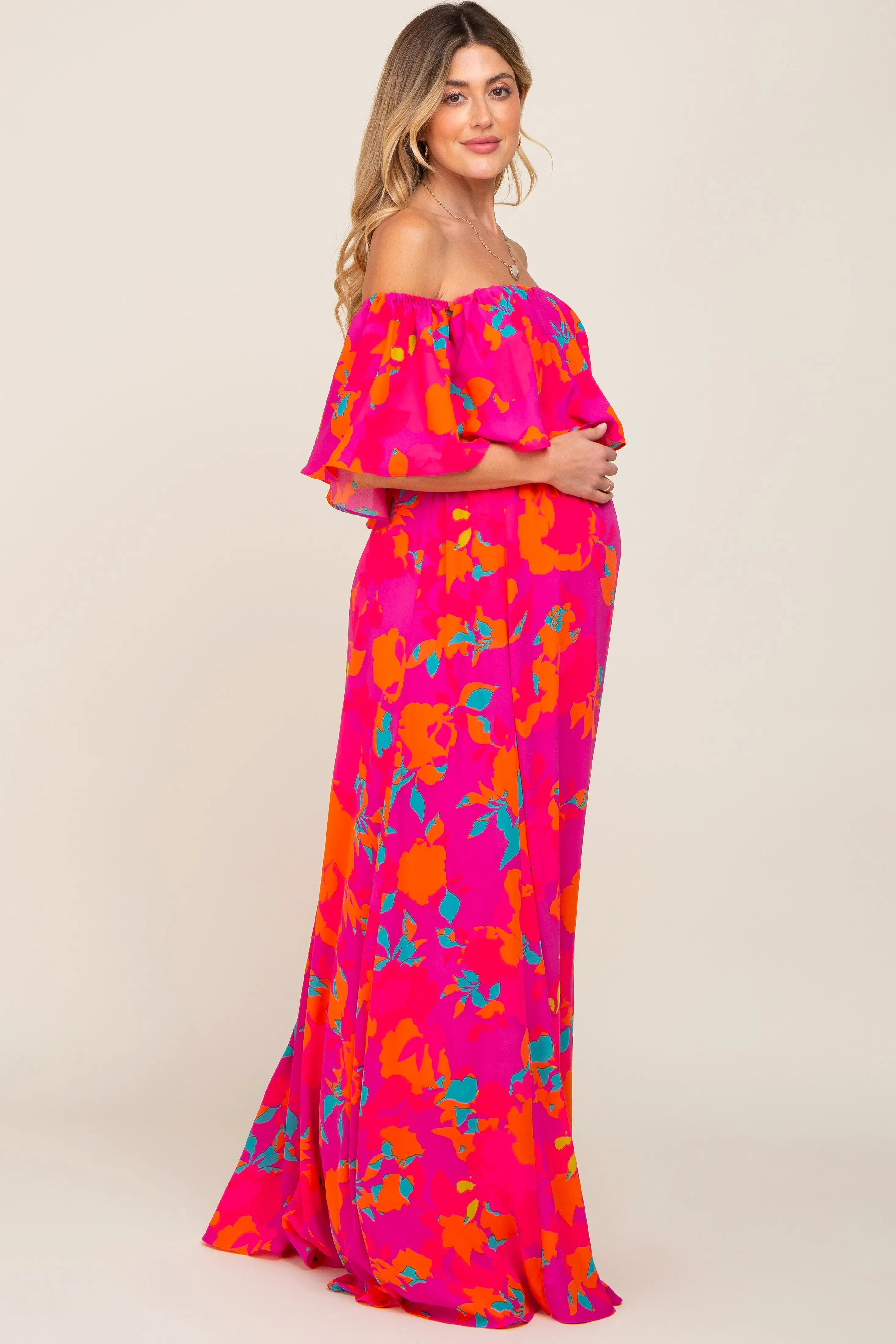 Fuchsia Floral Strapless Flounce Maternity Maxi Dress