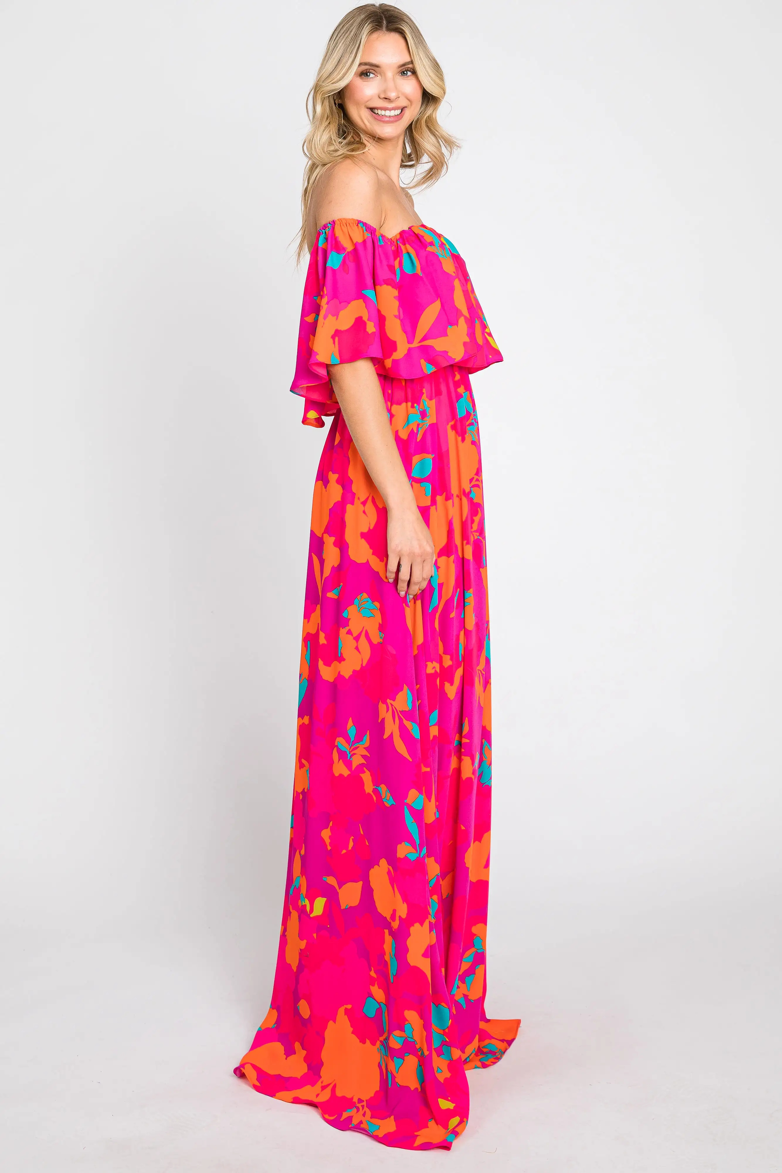 Fuchsia Floral Strapless Flounce Maxi Dress