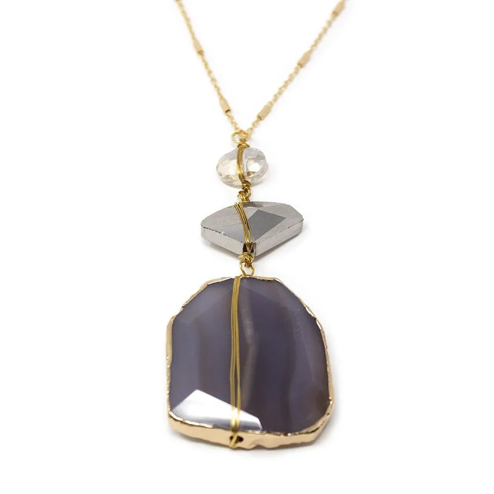 Gray Semi Precious Slice Pendant Long Neck Gold T