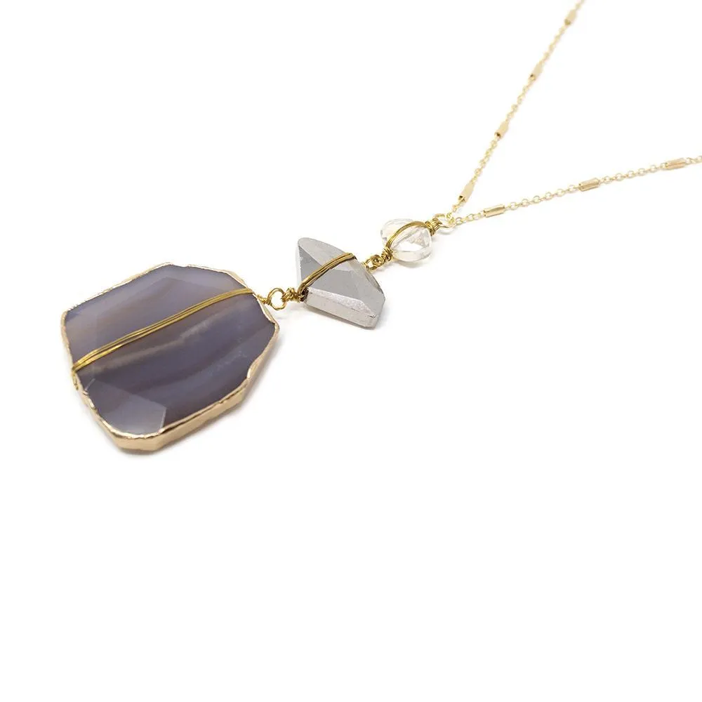 Gray Semi Precious Slice Pendant Long Neck Gold T