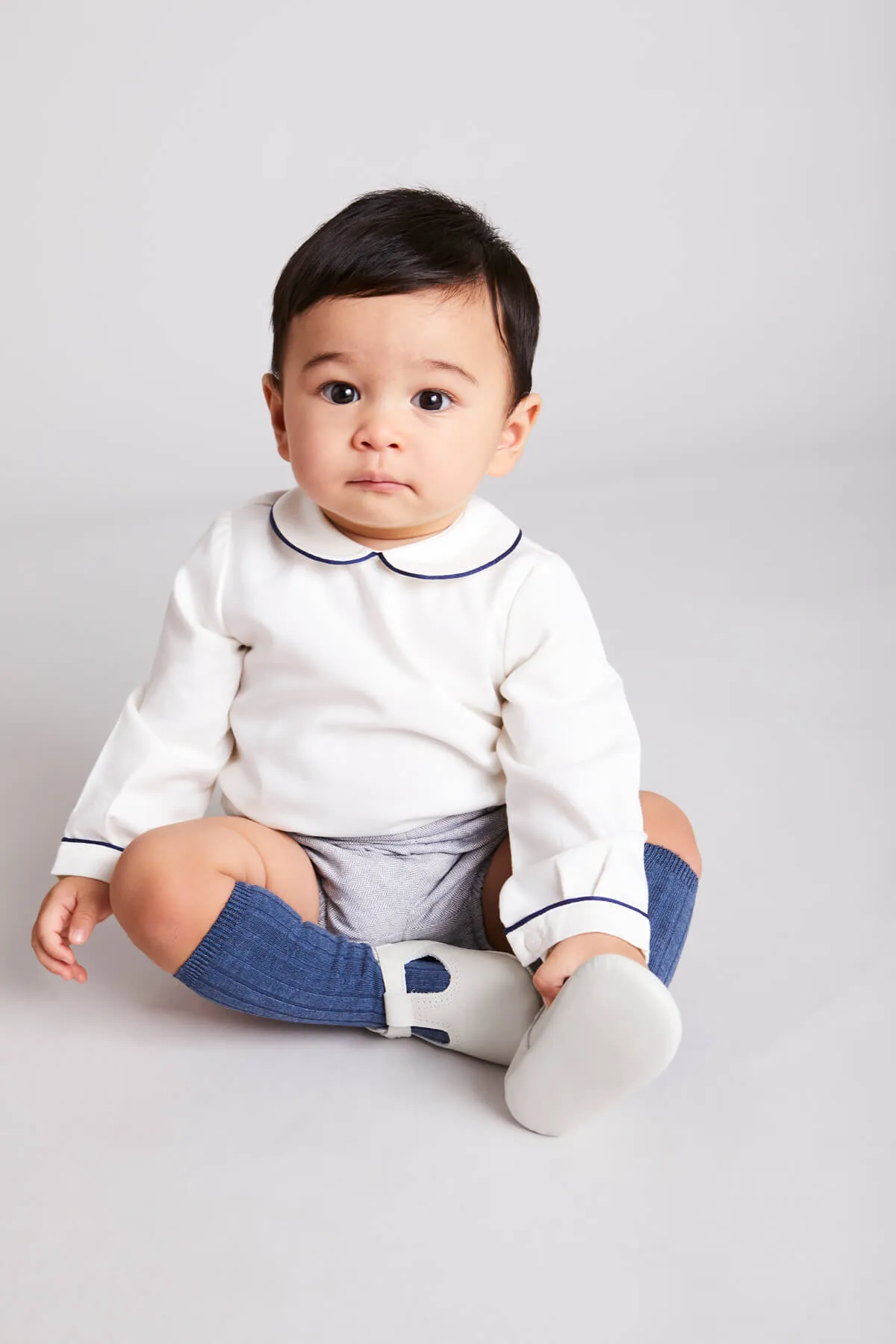 Herringbone Peter Pan Collar Long Sleeve Two Piece Set in Blue (6mths-2yrs)