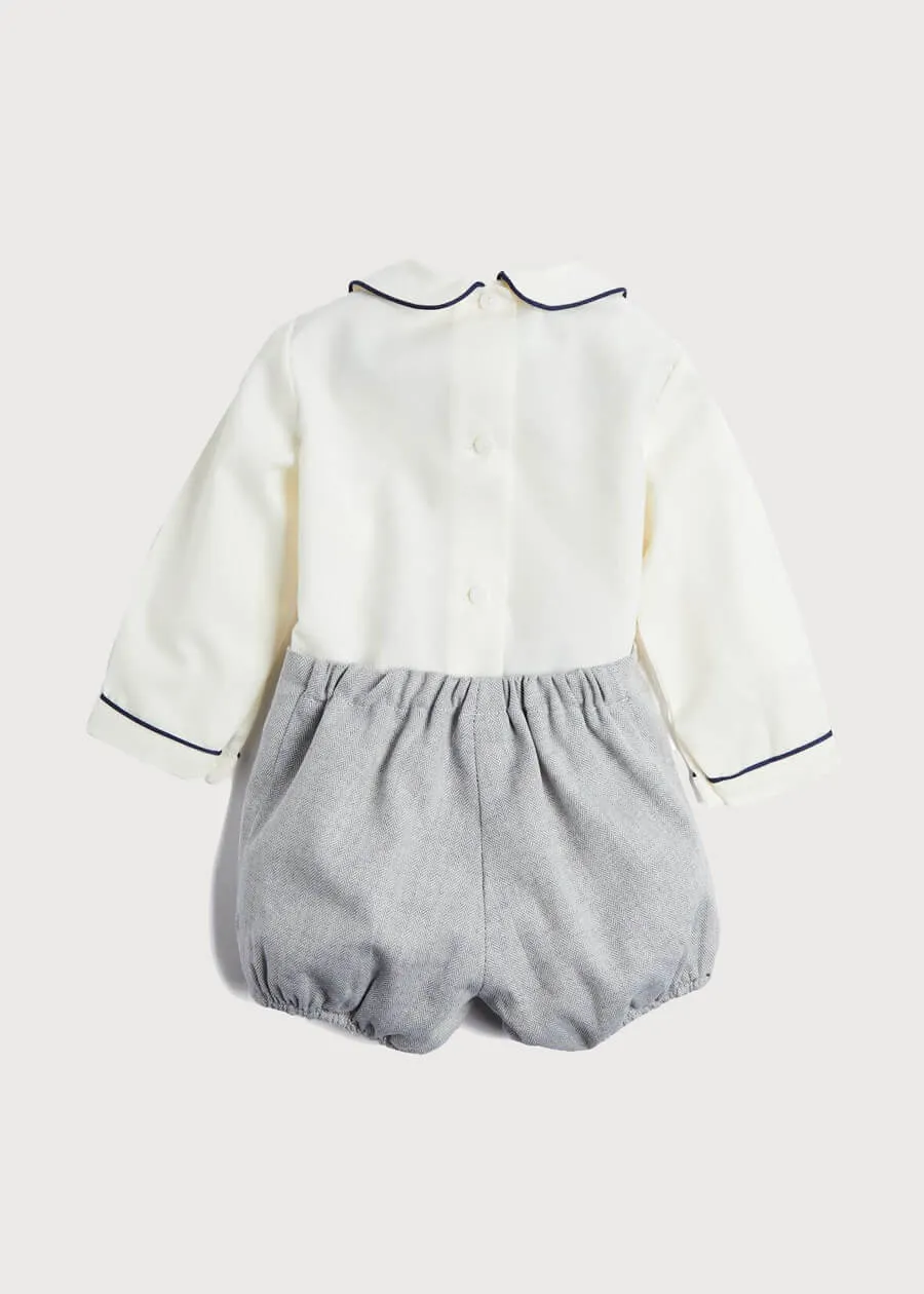 Herringbone Peter Pan Collar Long Sleeve Two Piece Set in Blue (6mths-2yrs)