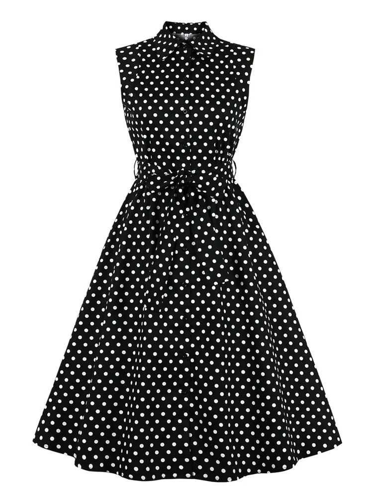 High Waist Belted 50s Robe Pinup Vintage Midi Turn-Down Collar Button Elegant Women Pocket Side Polka Dot Dress