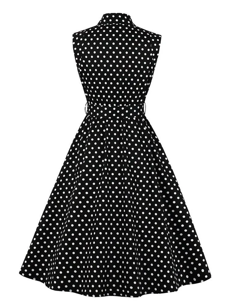 High Waist Belted 50s Robe Pinup Vintage Midi Turn-Down Collar Button Elegant Women Pocket Side Polka Dot Dress