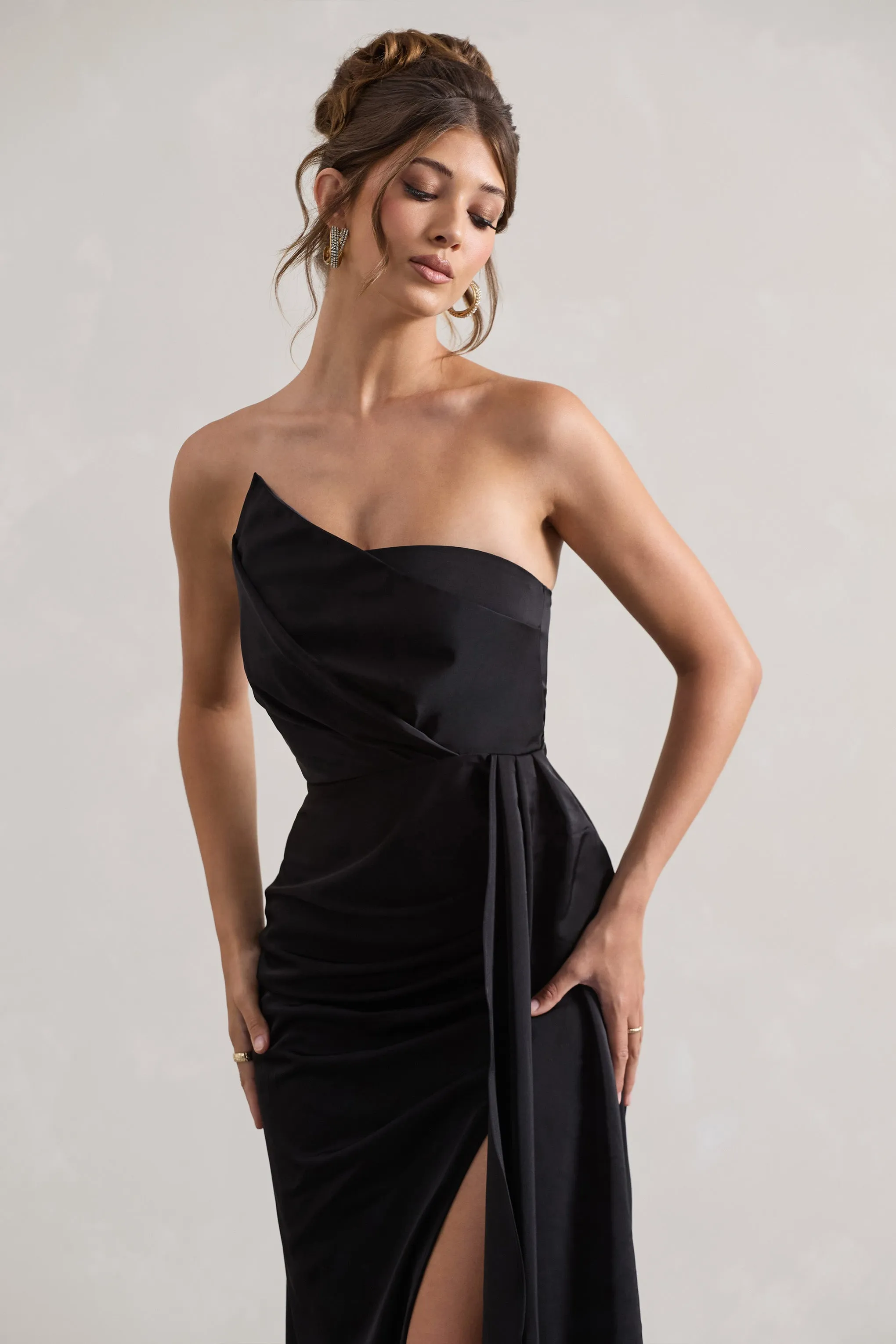 Hollywood | Black Satin Strapless Draped Maxi Dress