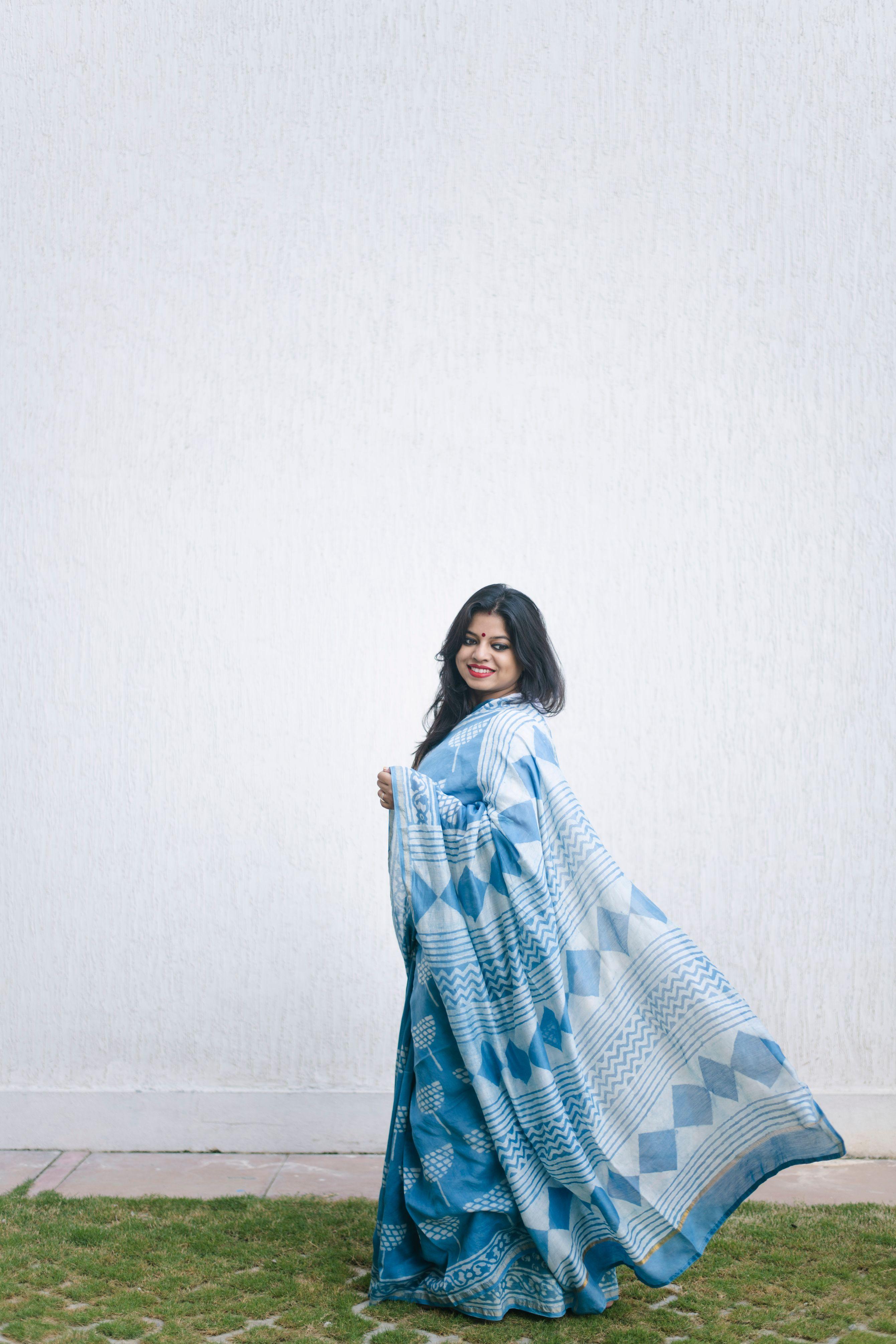 Kaisori light Indigo print saree