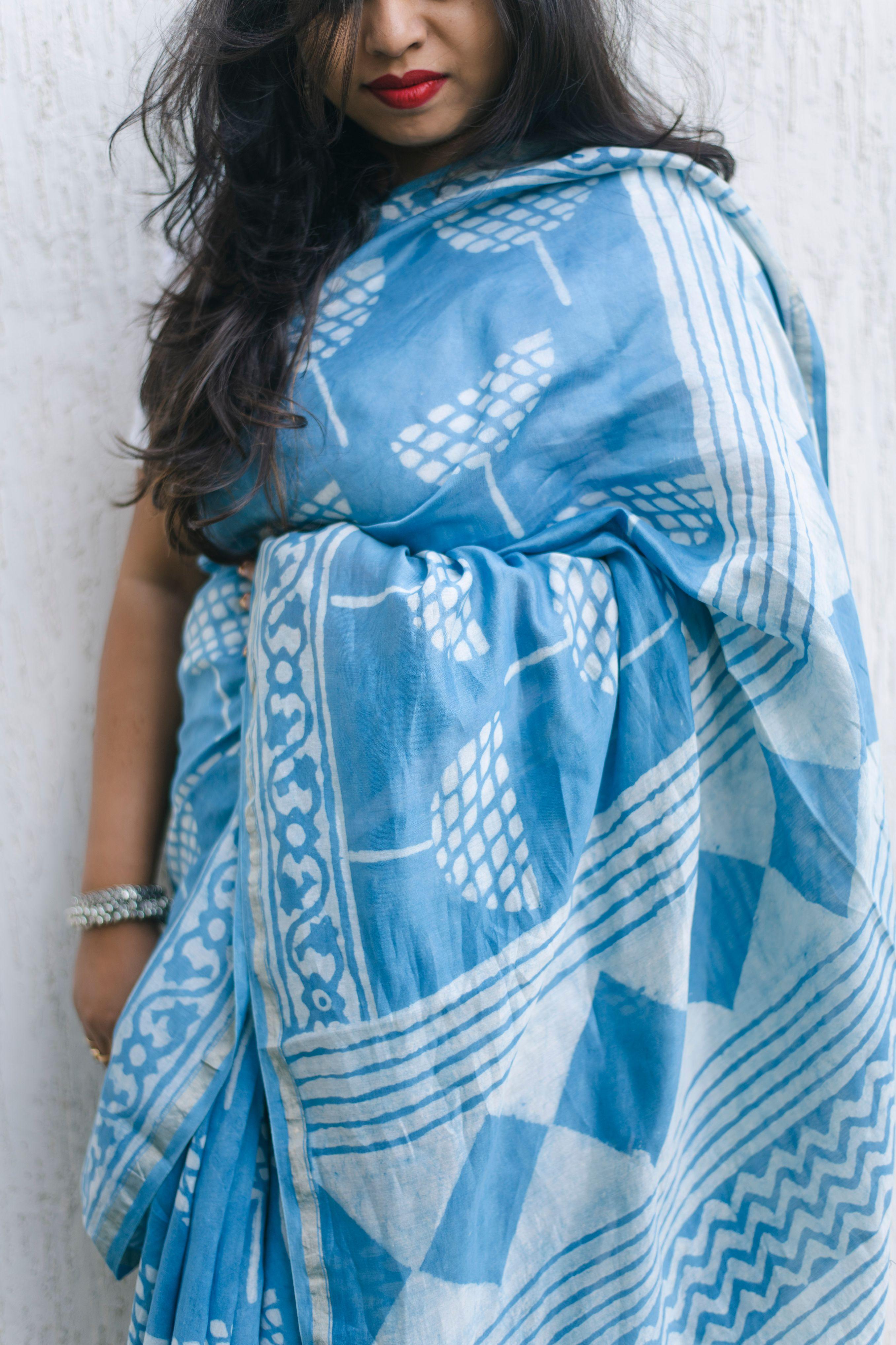 Kaisori light Indigo print saree