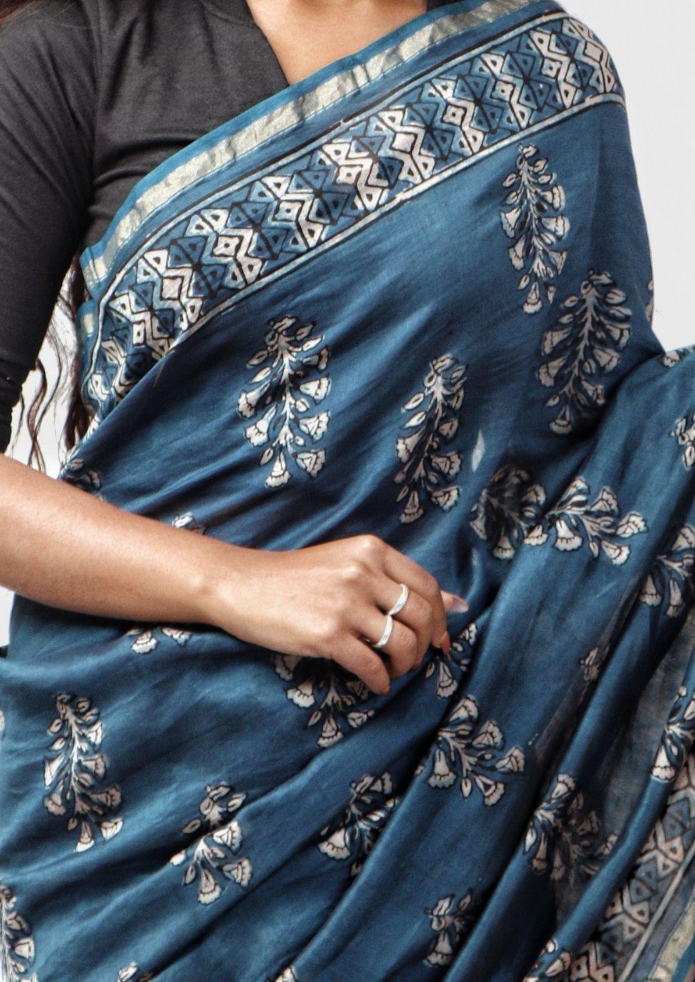 Kaisori Malhar - Dabu Light Indigo twig handblockprinted Silk Cotton saree