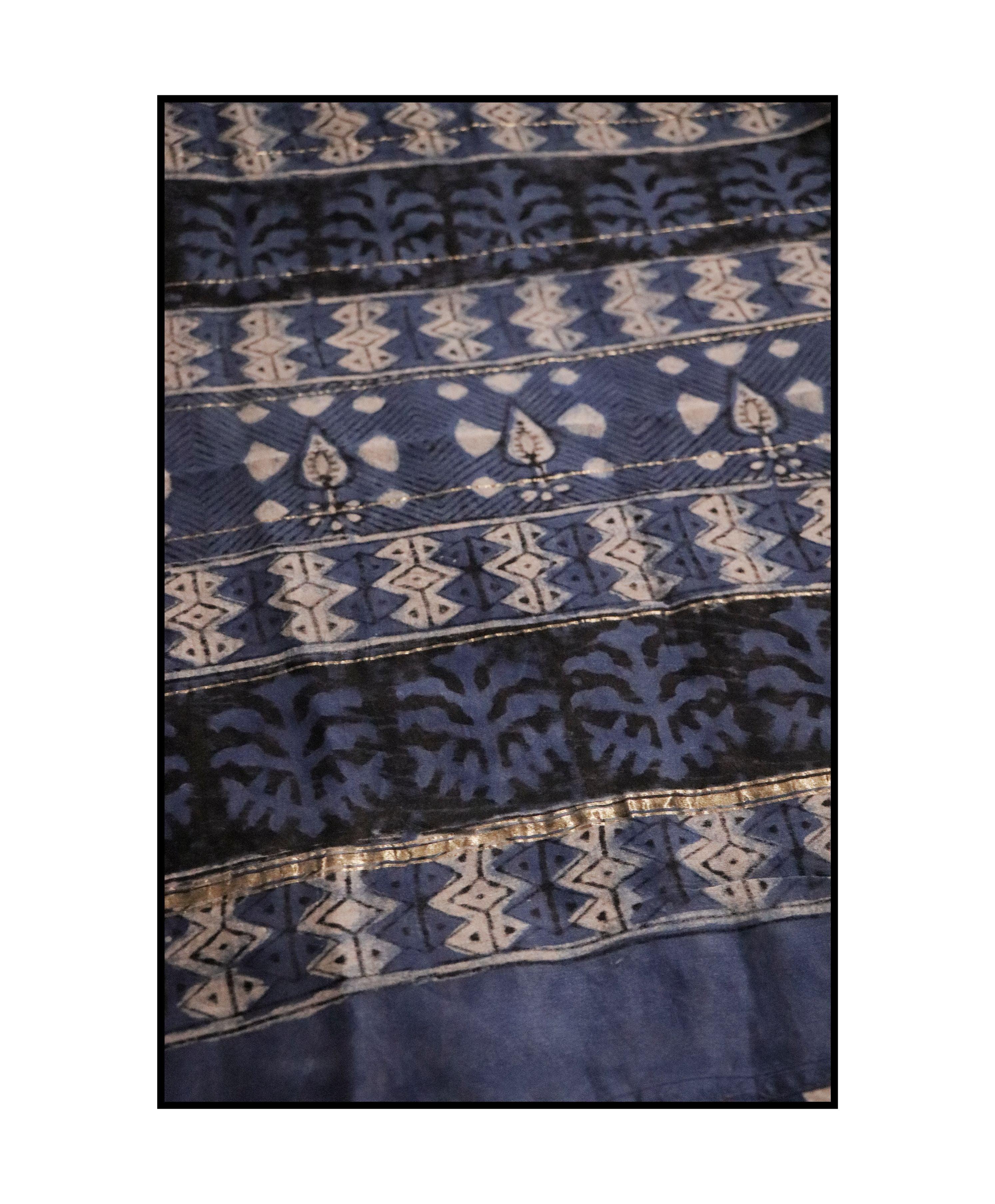 Kaisori Malhar - Dabu Light Indigo twig handblockprinted Silk Cotton saree