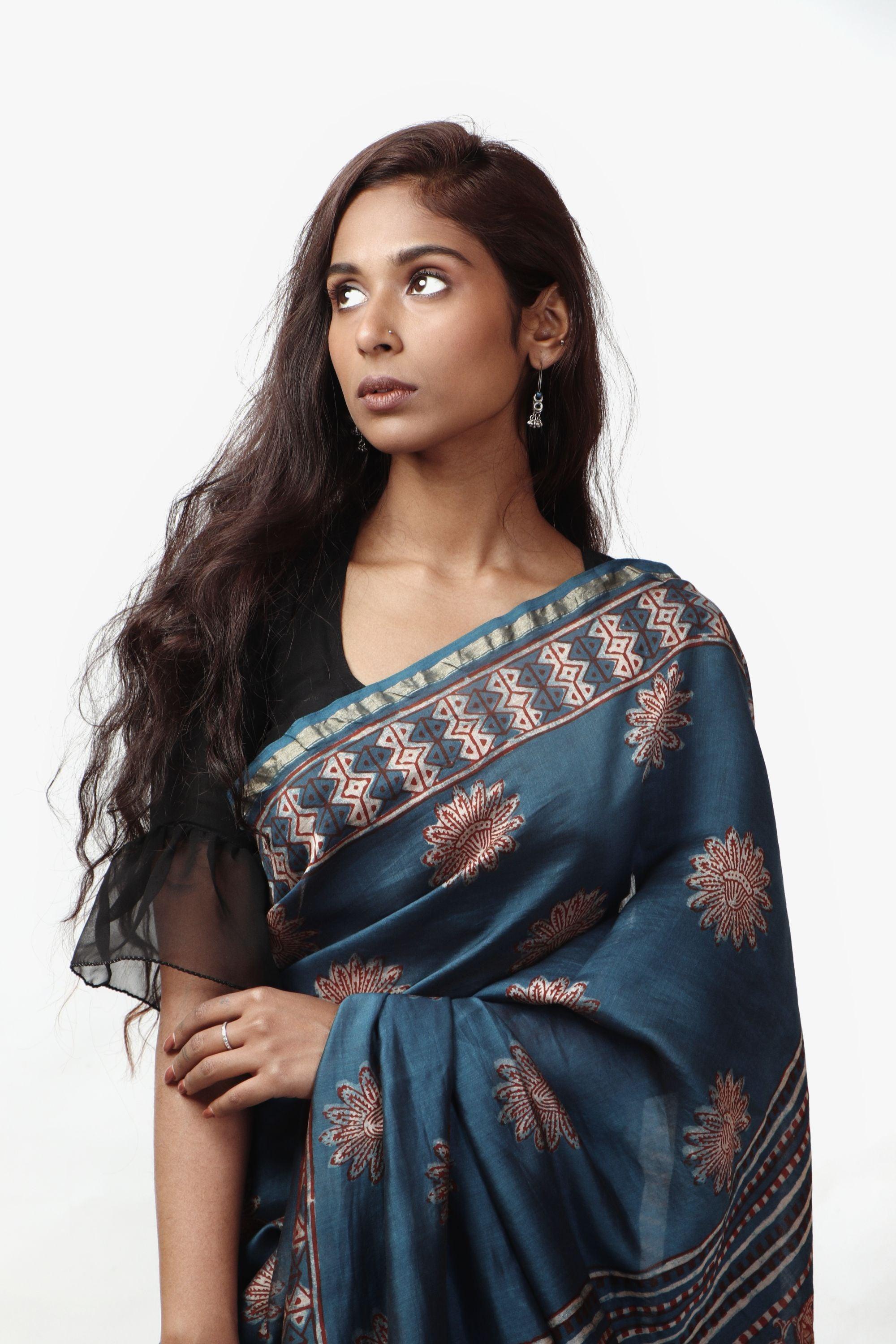 Kaisori Malhar - Dabu Pharad Light Indigo handblockprinted Silk Cotton saree