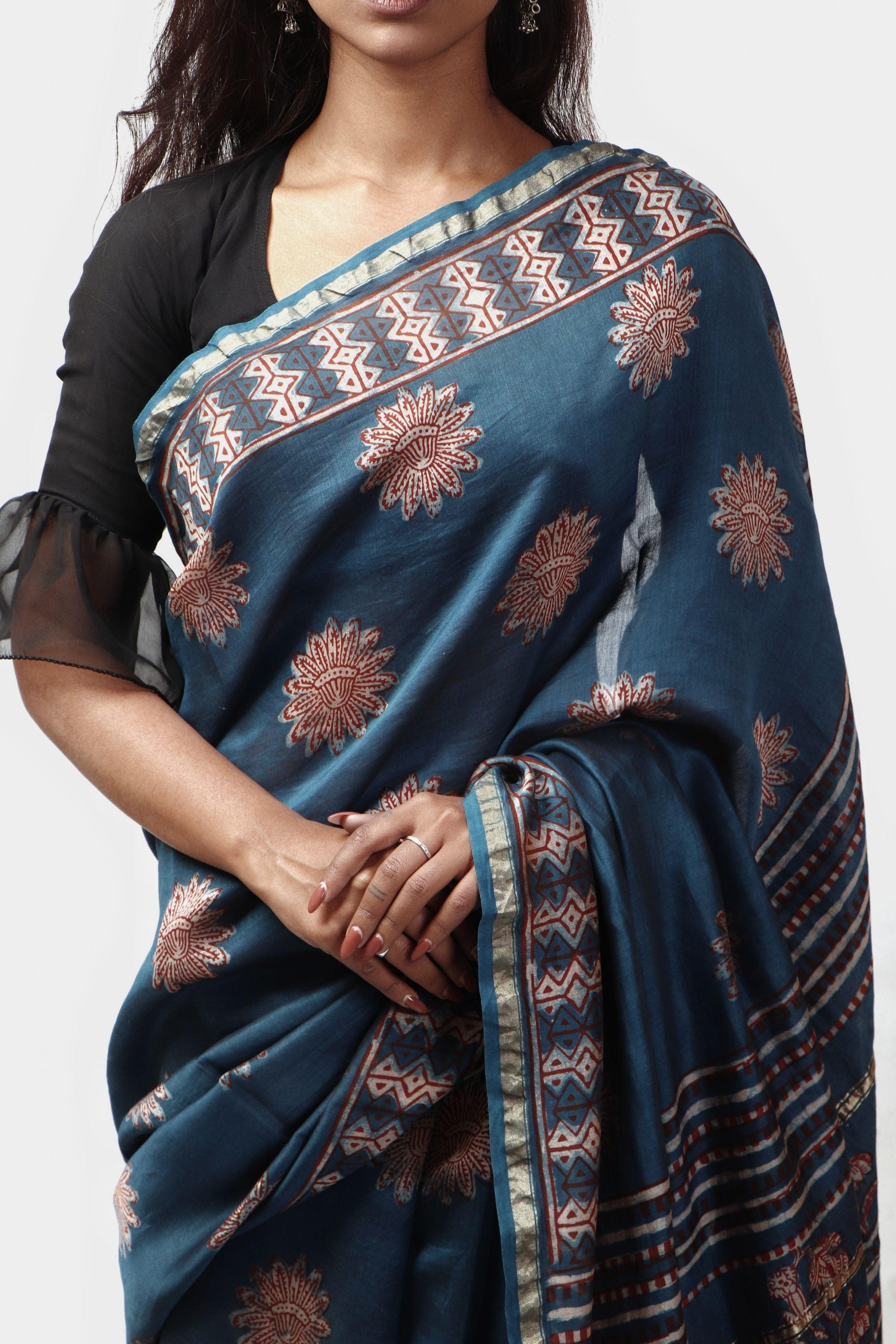 Kaisori Malhar - Dabu Pharad Light Indigo handblockprinted Silk Cotton saree