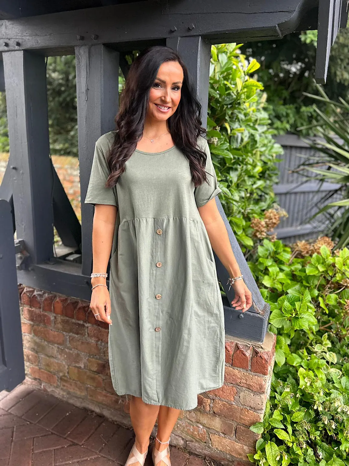 Khaki Double Pocket Button Dress Mabel