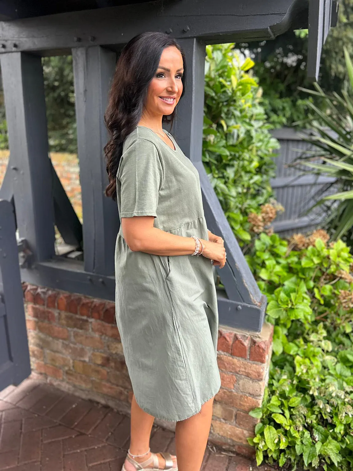 Khaki Double Pocket Button Dress Mabel