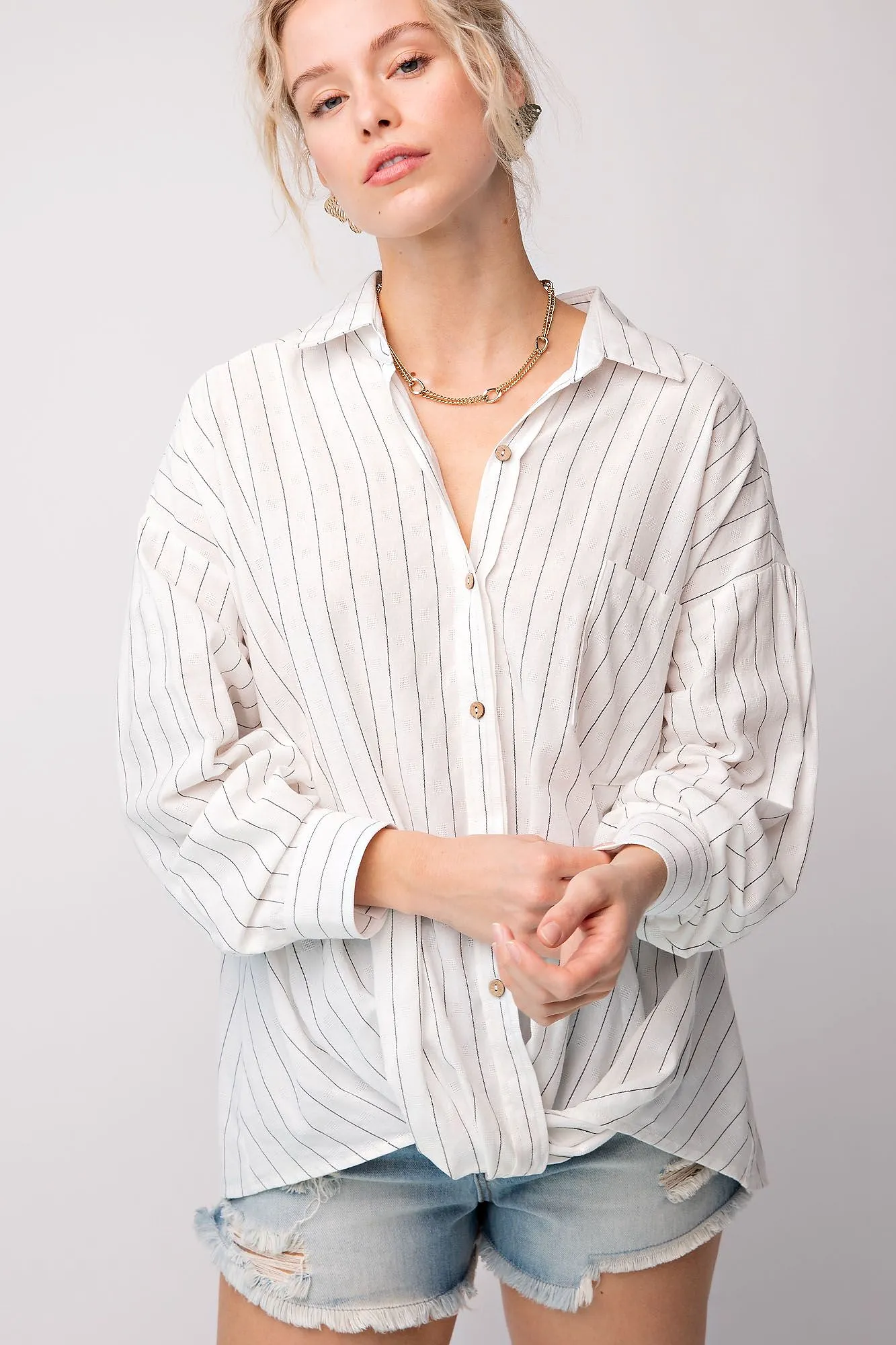 Linen Pinstripe Twisted Button Down Top