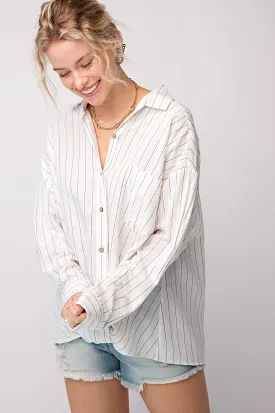 Linen Pinstripe Twisted Button Down Top