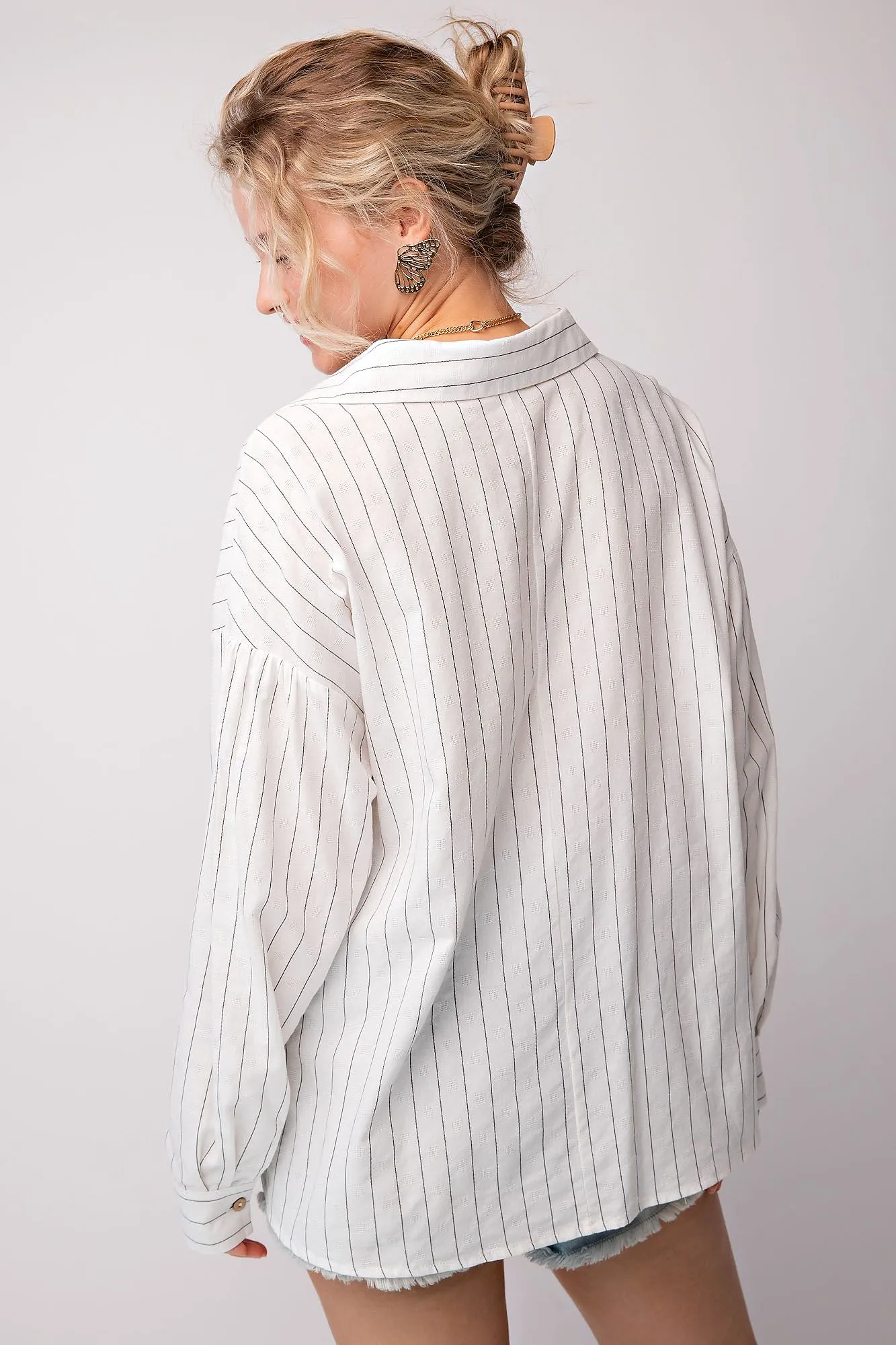 Linen Pinstripe Twisted Button Down Top